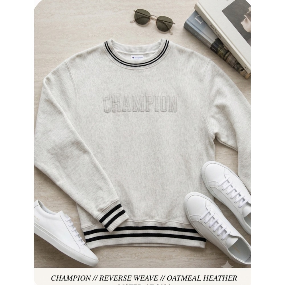 Champion Reverse Weave Sweatshirt Oatmeal Heather Striped Trim Women's Small‎